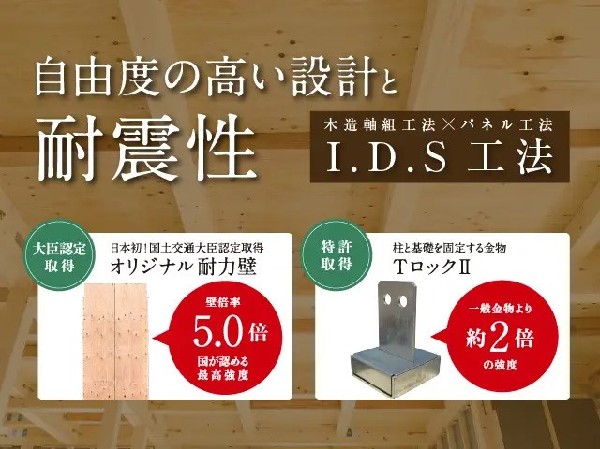 設備耐震性に優れる構造用合板パネルを組み合わせ、外壁・床・屋根を一体化させることで、最高等級の耐震性を実現したオリジナルの建築工法です。