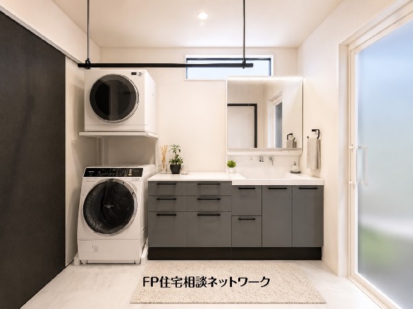【内観イメージパース】鏡の裏に収納棚を確保した三面鏡を採用。化粧品や歯ブラシなどを機能的に収納。