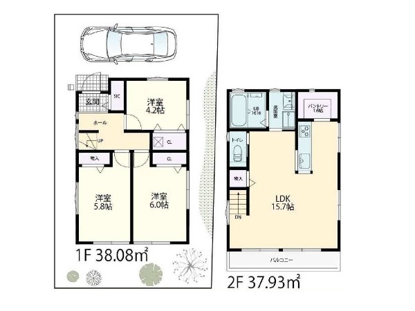 外観:建物プラン例3LDK、土地面積96.09m2、建物価格1800万円、建物面積76.01m2
