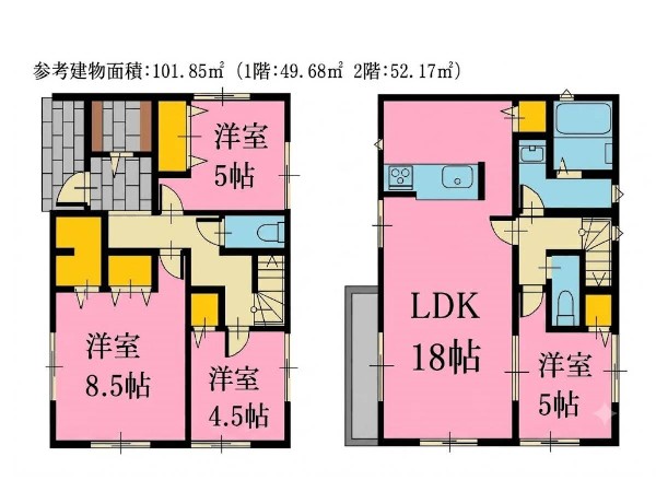 外観:建物プラン例(A区画)4LDK、土地面積131m2、建物価格2500万円、建物面積101.85m2