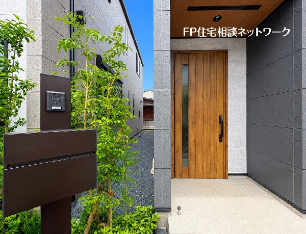 外観:【玄関ポーチ】  重厚感あるデザインが住まいの第一印象を彩る玄関アプローチ。植栽の緑が映える美しい外構とゆとりあるエントランスが、ご家族やゲストを心地よく迎えてくれます。