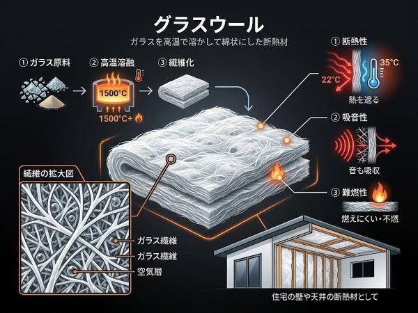 【グラスウール】断熱性に優れたグラスウールを壁と天井にすき間なく施工します。室内を適温に保ち、外部からの騒音も低減します。