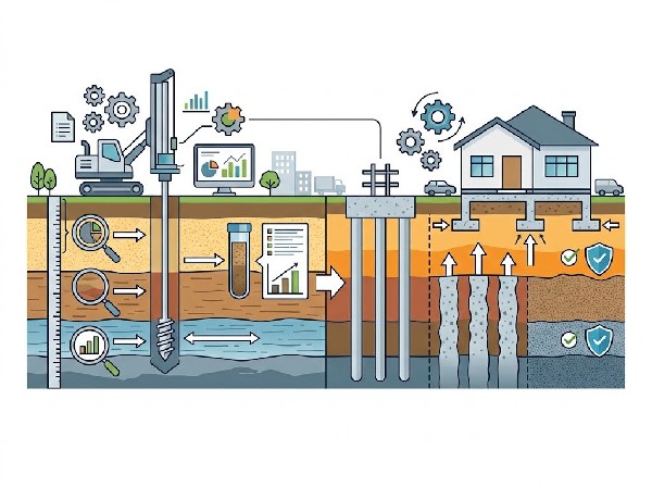 設備建築工事を行う前に地盤調査を行います。地質や強度、安定性、水分状態などを調査・分析して、必要に応じて適切な地盤改良を施し、構造物の安定性を確保します。