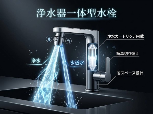 設備別置きの浄水器が不要のため省スペースで設置可能。手元のレバーやボタンで簡単に浄水と水道水を切り替えられ、快適に利用できます。