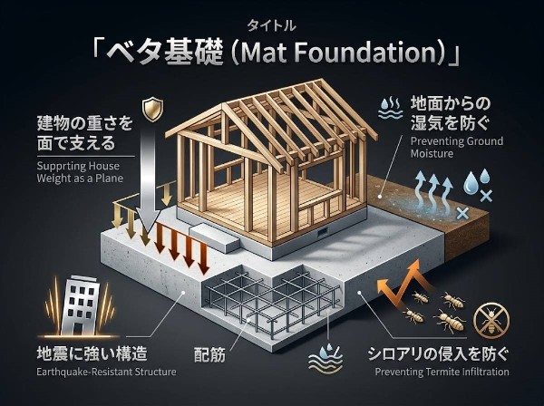 設備床下全体に鉄筋コンクリートを流し込む基礎工法です。建物を面で支えるため地震に強く、湿気やシロアリを防ぐ効果もあります。