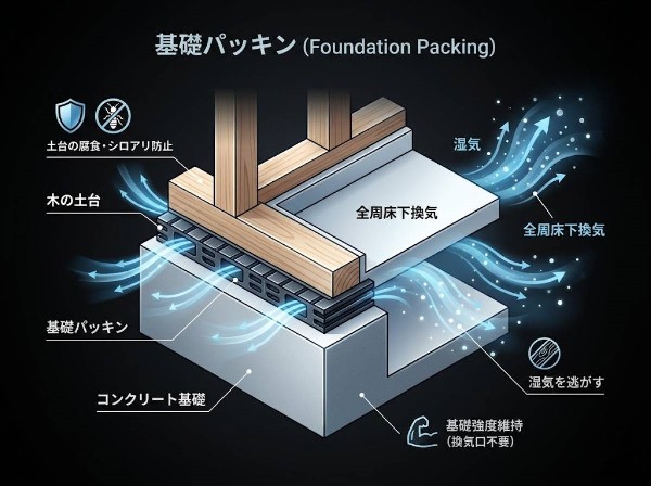 設備基礎と土台の間に挟む部材です。床下全体の換気を促して湿気やシロアリを防ぎ、建物の耐久性と基礎の強度を保ちます。