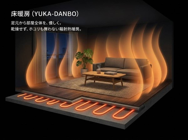 【床暖房】足元から部屋全体を優しく暖める暖房器具です。温風が出ないため、空気が乾燥せずホコリも舞い上がらないのが特徴。輻射熱により効率よく均一に空間を暖めます。