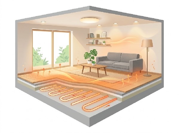 【床暖房】足元から部屋全体を優しく暖める暖房器具です。温風が出ないため、空気が乾燥せずホコリも舞い上がらないのが特徴。輻射熱により効率よく均一に空間を暖めます。