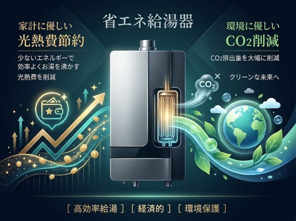 【省エネ給湯器】従来型より熱効率が高く、少ない燃料でたくさんのお湯を沸かすことが出来る給湯器。