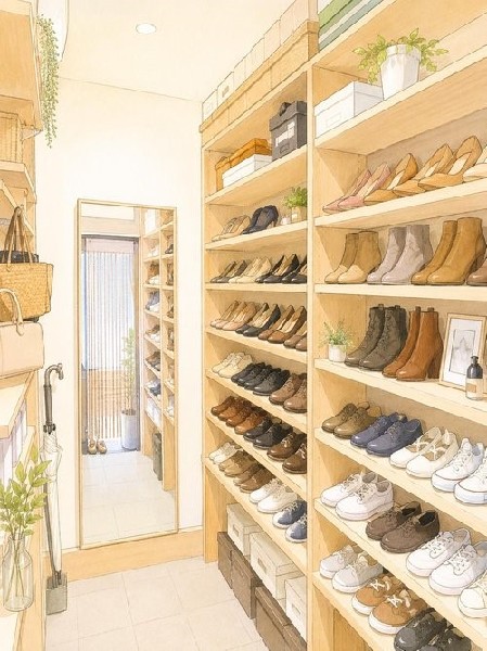 【シューズインクローゼット】【シューズインクローゼット】  靴はもちろん、ベビーカー等の大きな荷物もまるごと収納可能。生活感を隠し、美しくすっきりとした玄関空間を保ちます。