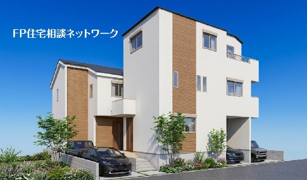 外観:白を基調とした外壁に木目調のアクセントが映える、すっきりと洗練されたデザインの外観パースです。複数の窓からたっぷりと採り込める明るい光や、日常の暮らしやすさに配慮された配置計画が伺える完成イメージです