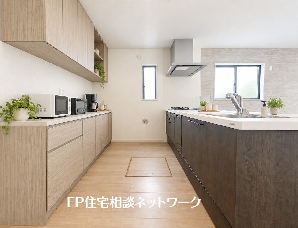 【キッチン】  本画像はAIがCGでカップボードを作成しており、実際の現地にカップボードは設置されておりません。また、販売価格にカップボード等は含まれておりません。