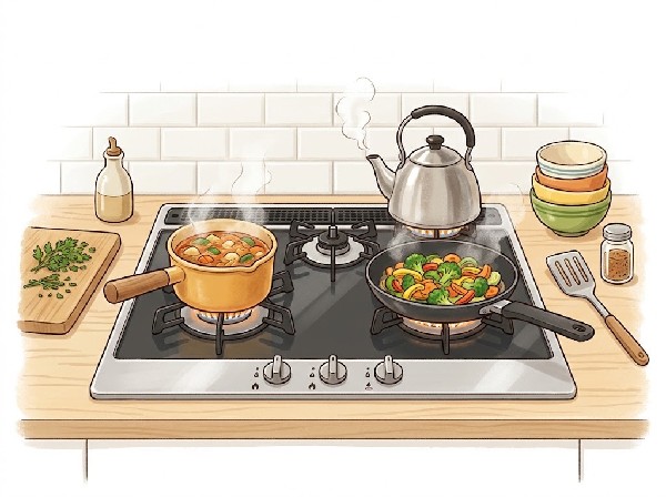 【三口ガスコンロ】三口ガスコンロ　同時に異なる料理を作ることができ、調理時間を大幅に短縮できる便利な調理器具です。様々なサイズの鍋に対応し、効率的な調理をサポートします。