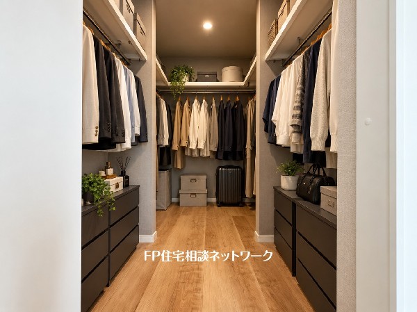 【プラン例　建物価格2400万円】ウォークインクローゼットのある住まいで収納上手な生活を実現。思い出の品もたっぷり収納できます。