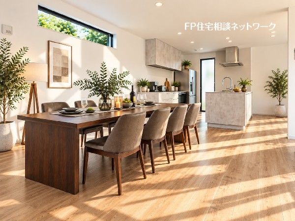 【プラン例　建物価格2400万円　建物面積97m2】木の温もりを感じる板張りの天井と、開放感あふれる吹き抜けが調和した上質な空間。
