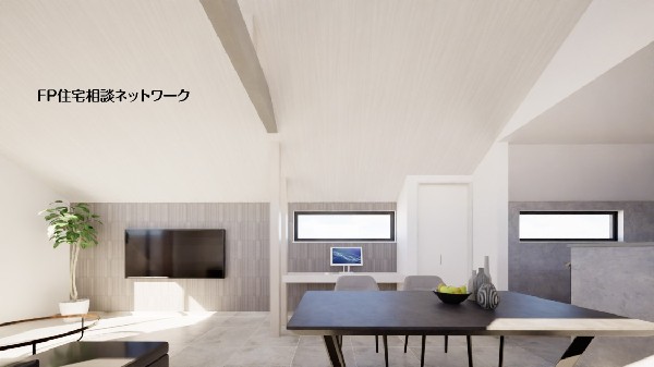 勾配天井が魅力のスタイリッシュなLDK。高い天井が生み出すゆとりある空間に、洗練されたアクセントクロスと明るい陽光が調和。デザイン性を兼ね備えた上質な住空間です。