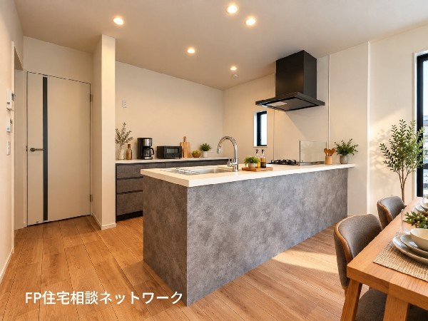 本画像はAIがCGでカップボード、家電、小物などを生成しているので実際の現地には設置されておりません。