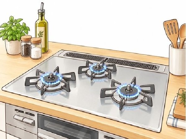 【三口ガスコンロ】3口同時に調理できるガスコンロ。複数の料理を効率よく進められ、毎日の家事時間短縮にも役立ちます。