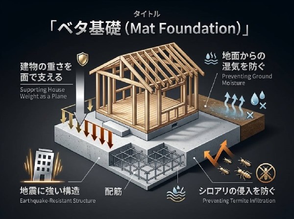 【ベタ基礎　】床下全体に鉄筋コンクリートを流し込む基礎工法です。建物を面で支えるため地震に強く、湿気やシロアリを防ぐ効果もあります。