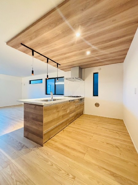 リビングとキッチンの間に壁を設けないスタイリッシュなペニンシュラキッチン。空間の広がりを感じます。