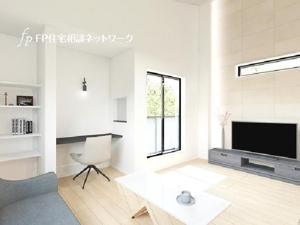 内観パース：南に面した大きな窓から光が降り注ぐ2階リビング。勾配天井で開放的な空間になっています。