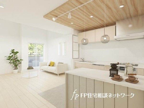 内観パース：南に面した大きな窓から光が降り注ぐ2階リビング。勾配天井で開放的な空間になっています。