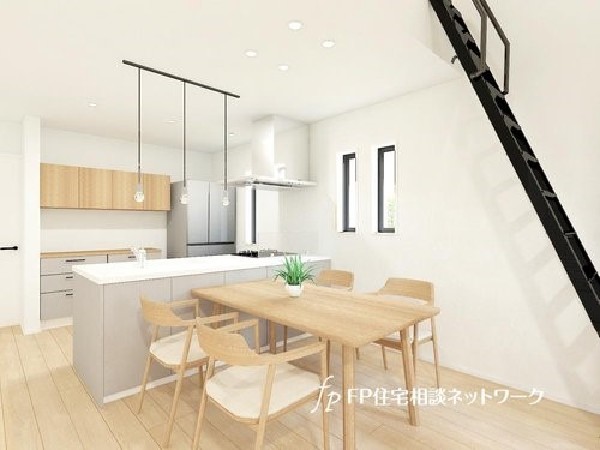 内観パース：ナチュラルモダンな印象のキッチン。同色のキッチンとカップボードが統一感を生み出します。