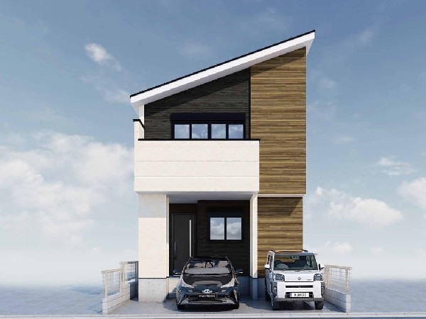 外観:片流れ屋根が印象的なモダンな外観です。カースペースは2台分駐車可で来客時も便利ですね。(車種による)