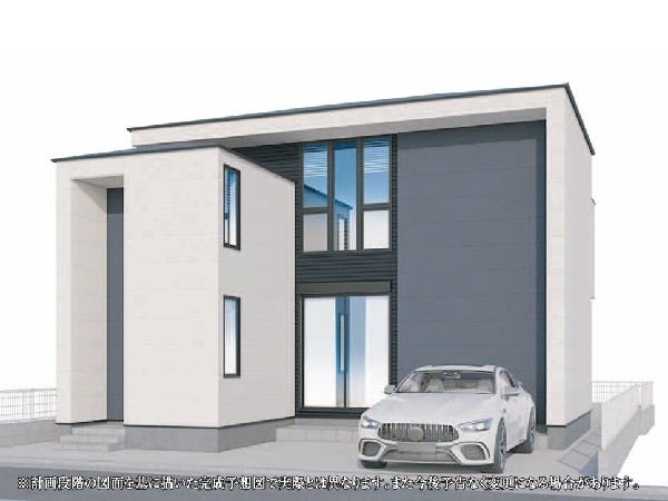 外観:「鶴見」駅徒歩17分。キュービックデザインと上下階で揃えたハイサッシが印象的なデザイナーズ住宅です。