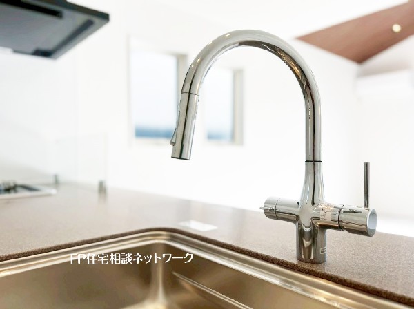 スタイリッシュな、浄水器一体型水栓です。水栓にシャワーホースと浄水器を内蔵し、カルキ臭など軽減。  