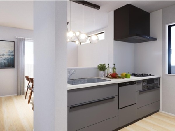 リビングのお子様を見守りながらお料理が出来る対面キッチン。ご家族との会話が弾みます。食器洗乾燥機付。