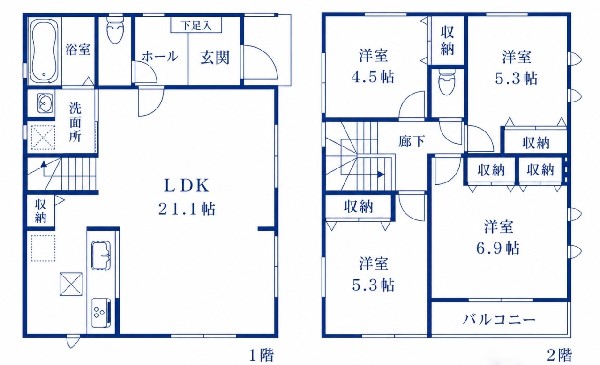 外観:建物プラン：2階建て4LDK　広々LDK